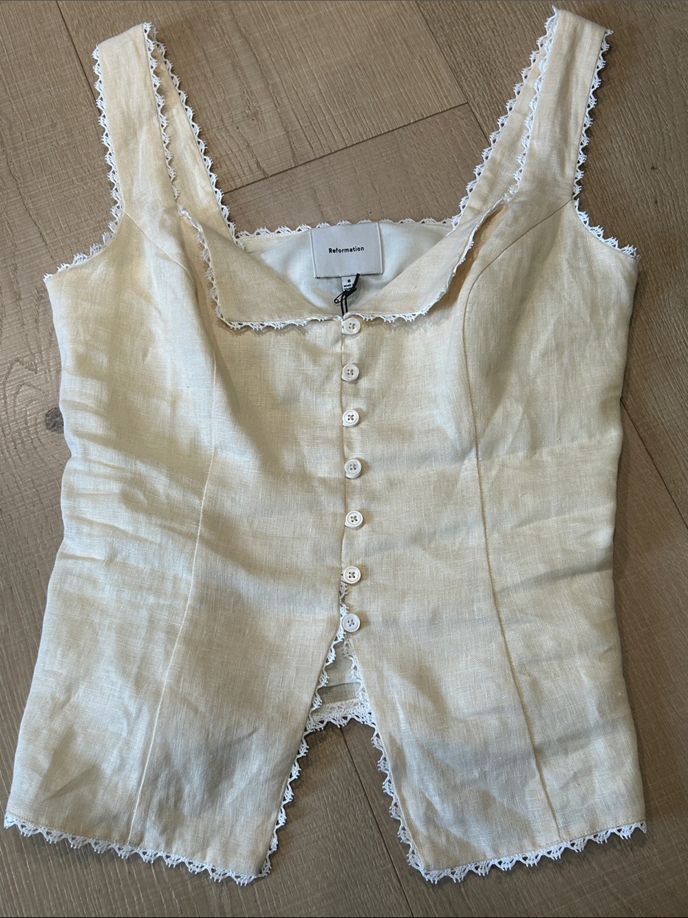 Reformation Cream Linen Lace-Trim Button Tank